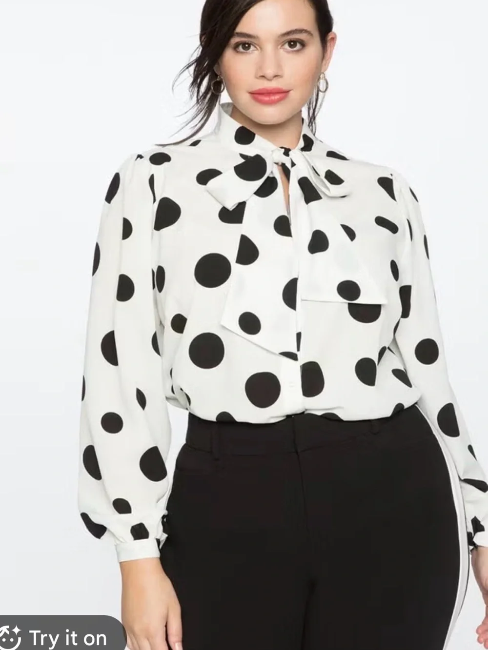 Eloquii White and Black Polka Dot Tie-Neck Blouse